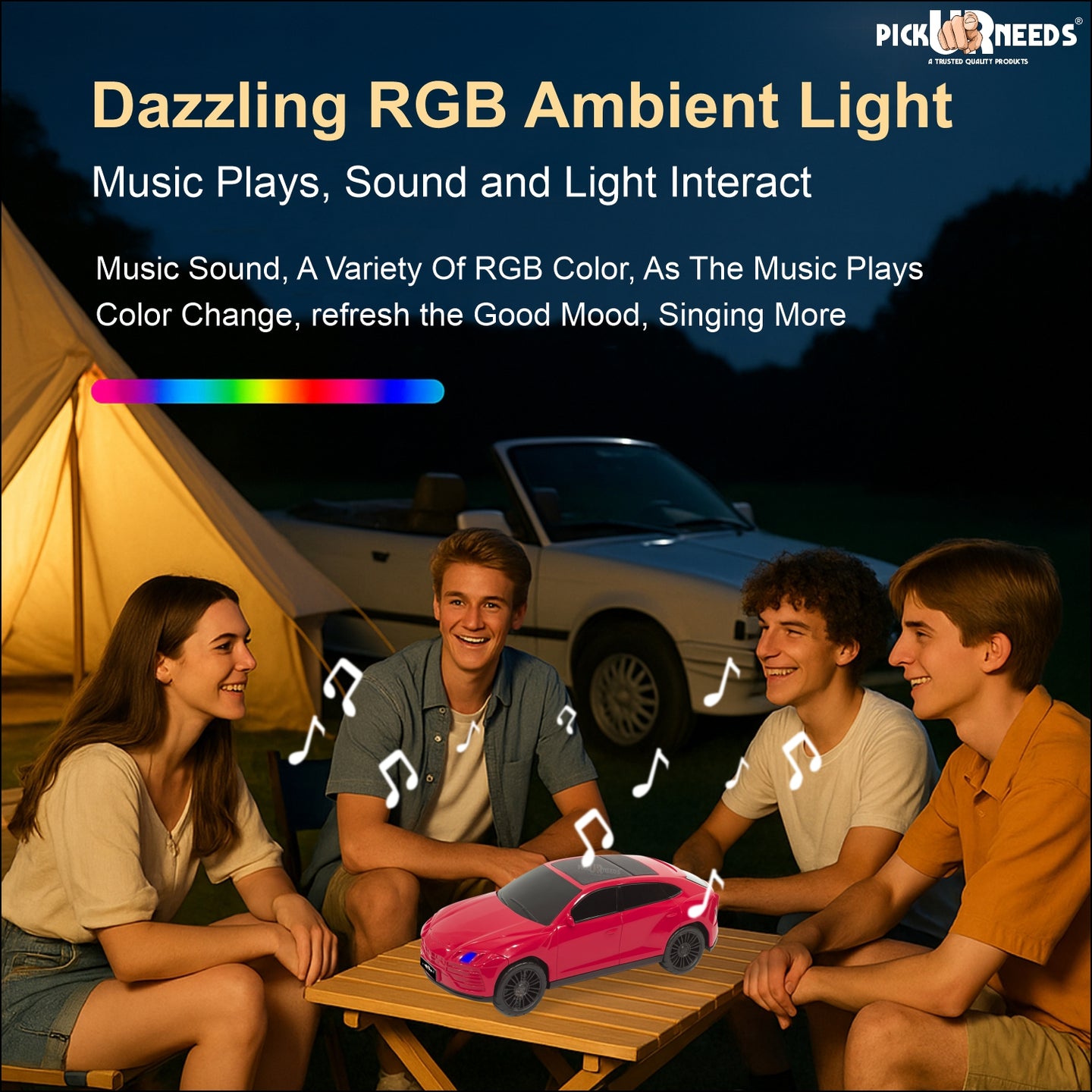 Pick Ur Needs Rechargeable Car-Shaped Speaker – RGB LED Light, USB/FM/SD Card, Type-C, 1200mAh